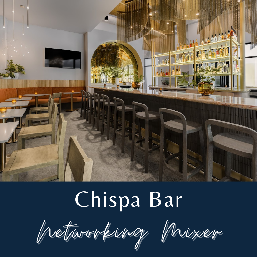 Inside Chip Bar with text that reads "Chispa Bar Networking Mixer"